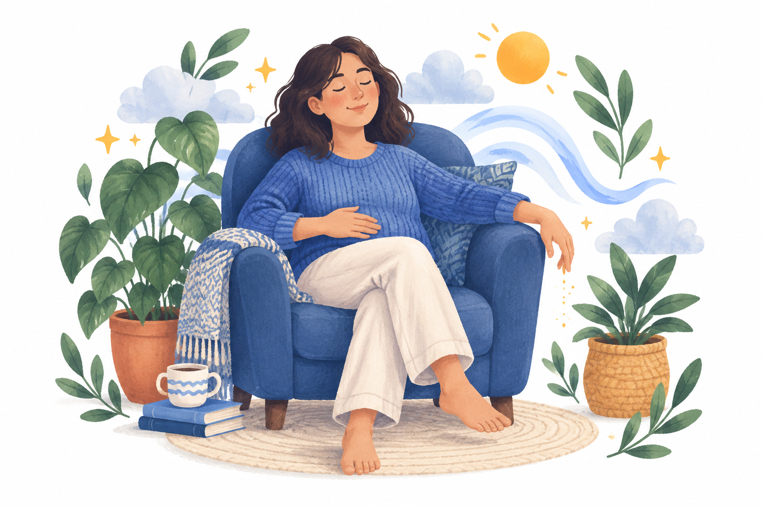 Calm adult in an armchair closes their eyes, breathes slowly, and relaxes a tingling hand.
