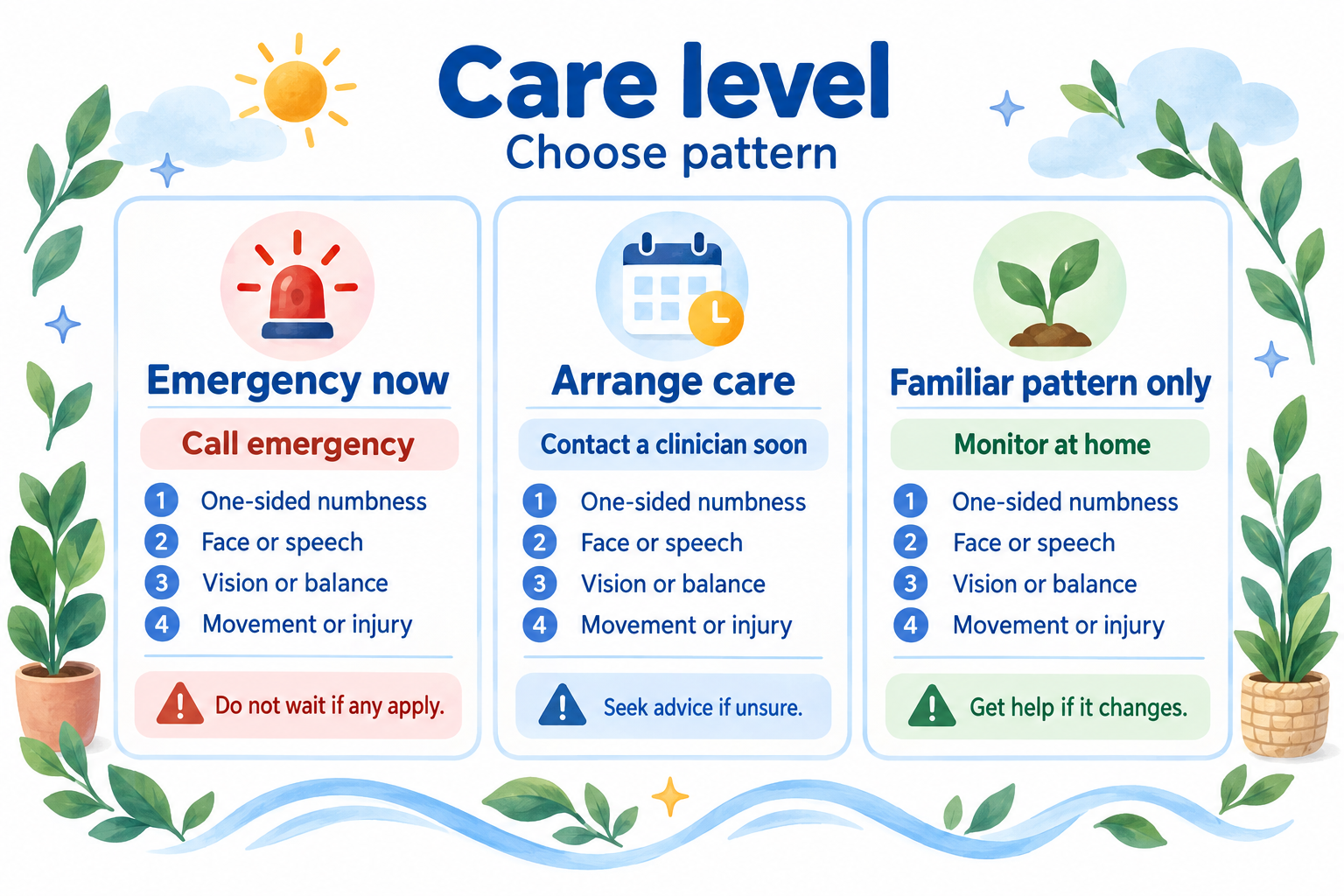 Three-column guide explains when tingling needs emergency care, a clinical appointment, or familiar-pattern monitoring.