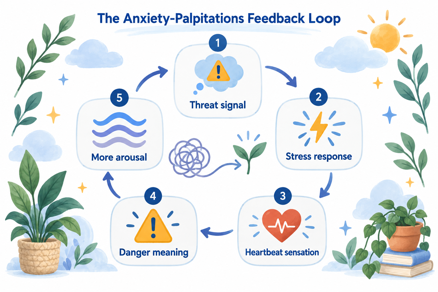 Five-step circular diagram showing how anxiety and heart palpitations can reinforce each other.