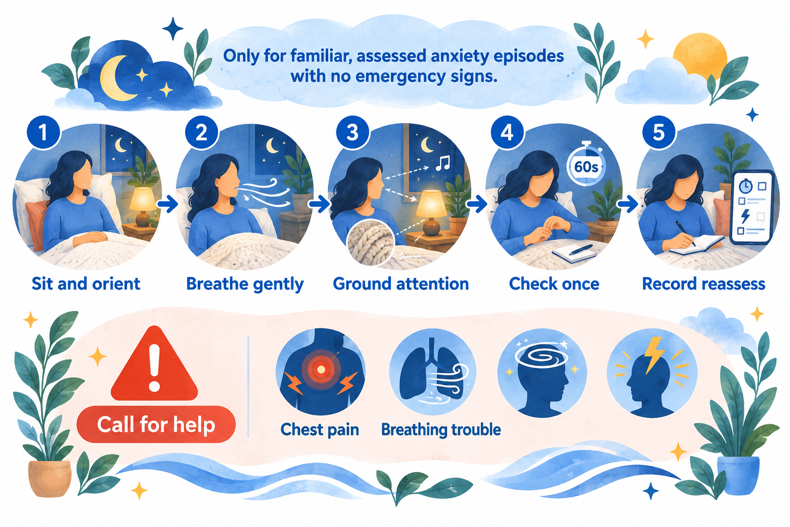 Five illustrated steps for calming familiar nighttime anxiety palpitations, with an emergency warning callout.