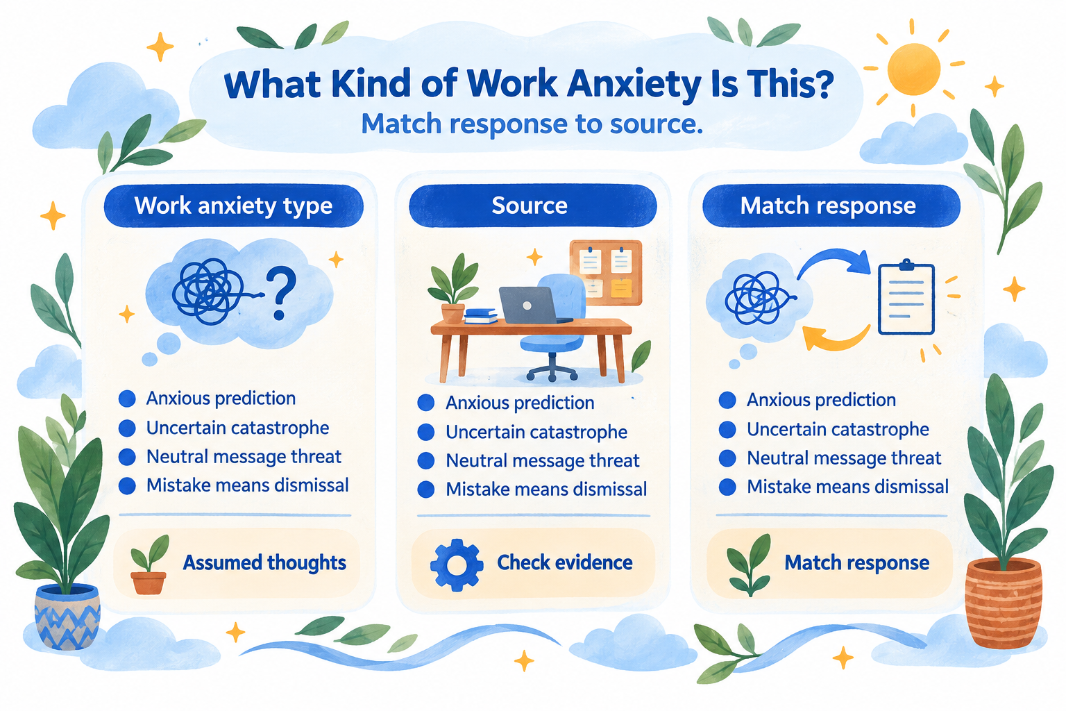 Three columns distinguish anxious predictions, harmful workplace conditions, and a combination of both, with matching responses.
