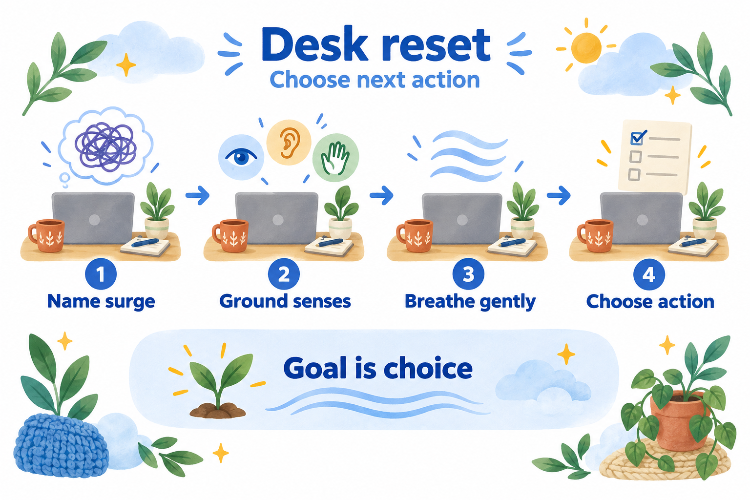 Four-step desk reset: name anxiety, ground senses, breathe gently, then choose one useful action.