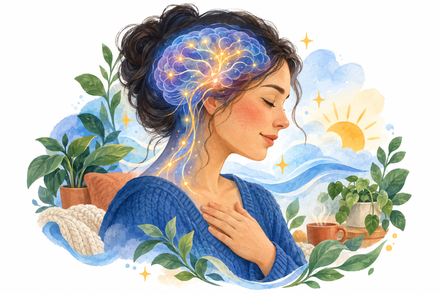 Woman presses her temple as a glowing brain overlay and red pain burst show a severe anxiety headache.