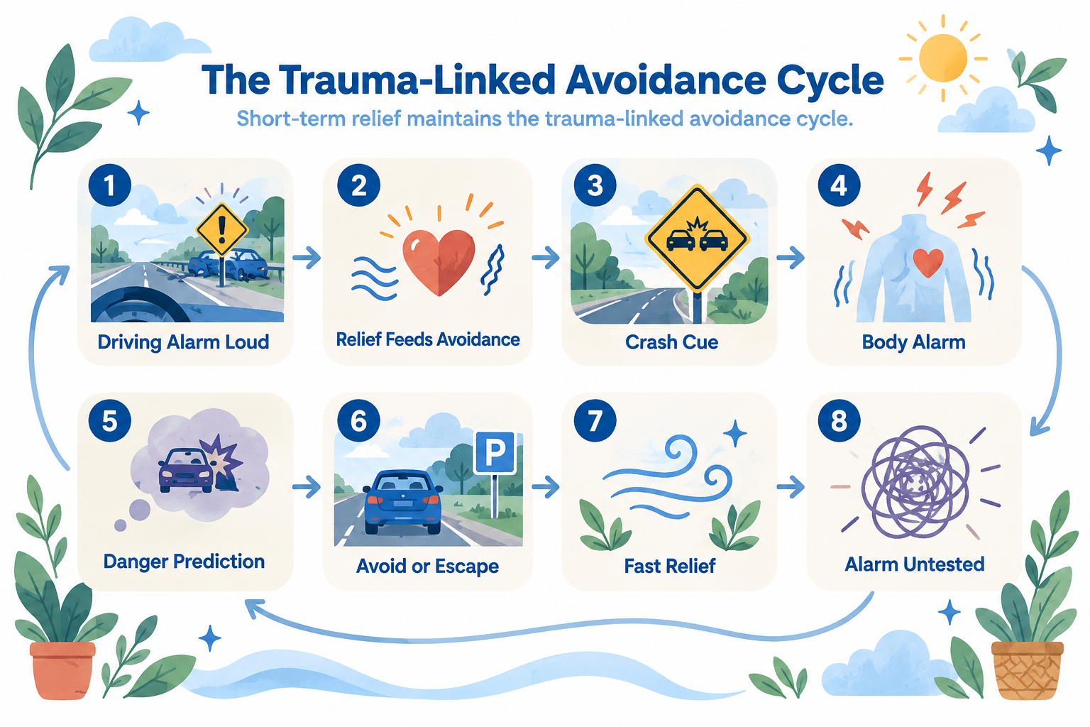 Six-step loop shows crash cues leading to body alarm, avoidance, relief, and an untested alarm.
