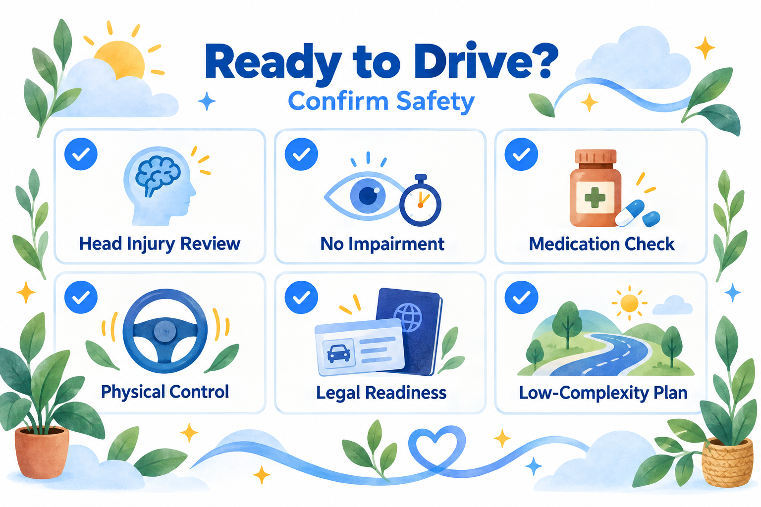 Six-point checklist for confirming physical, legal, and practical safety before driving practice.