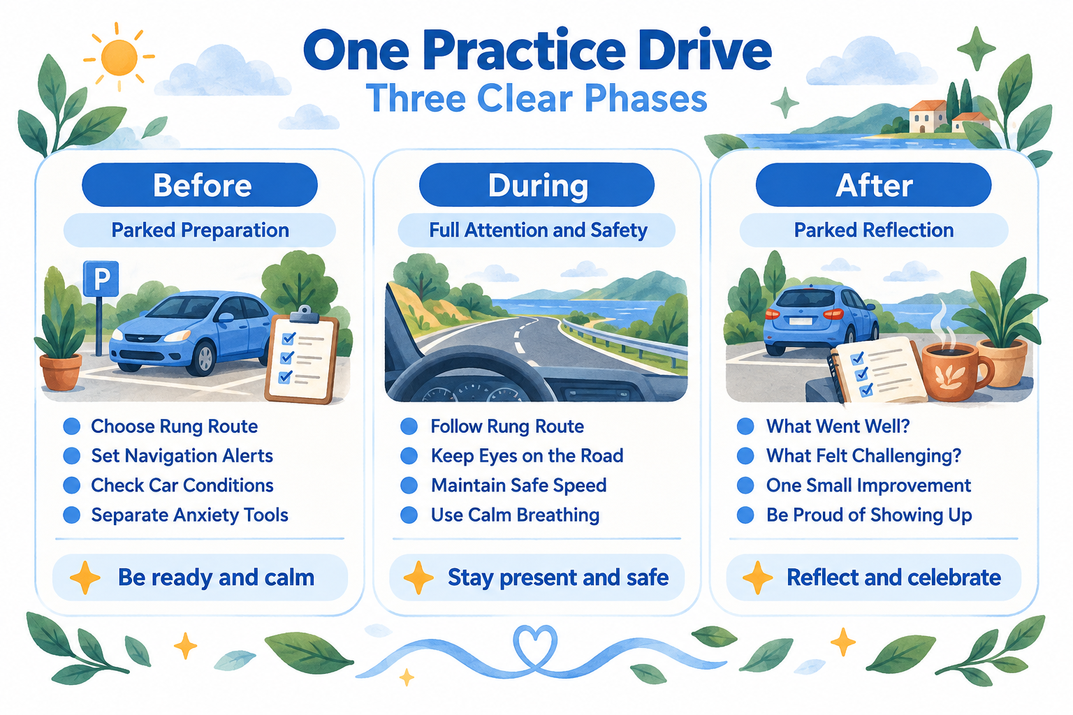 Three-column before, during, and after checklist for a post-accident driving practice drive.