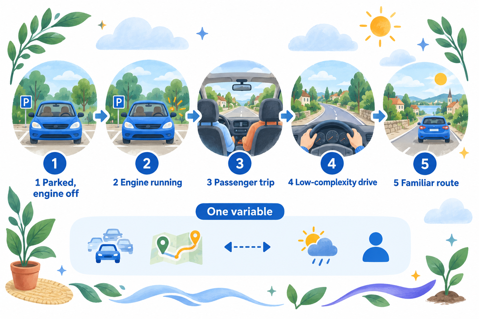 Five-step ladder progresses from sitting in a parked car to independently driving a short familiar route.