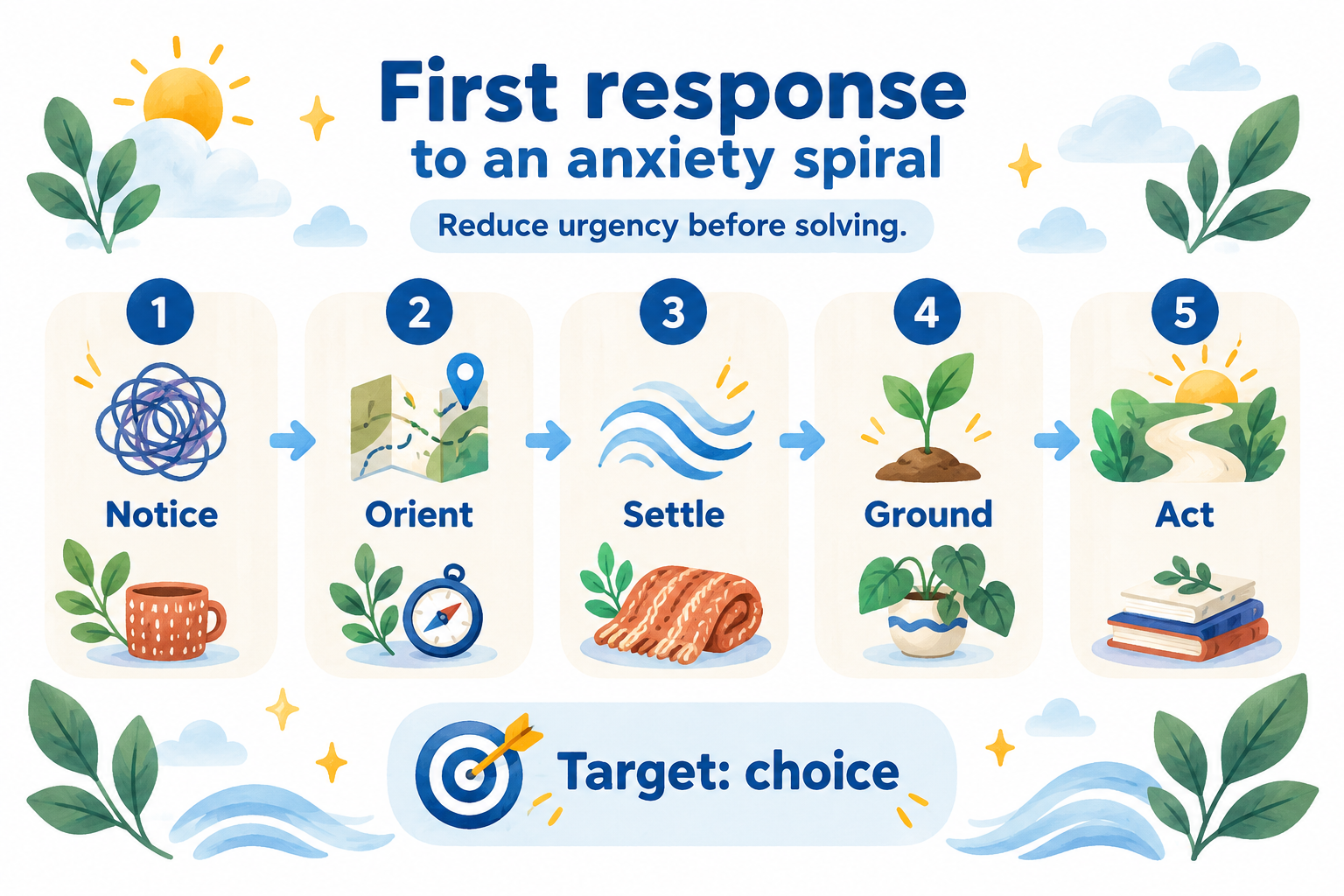 Five-step anxiety-spiral response: notice, orient, settle, ground, then act.