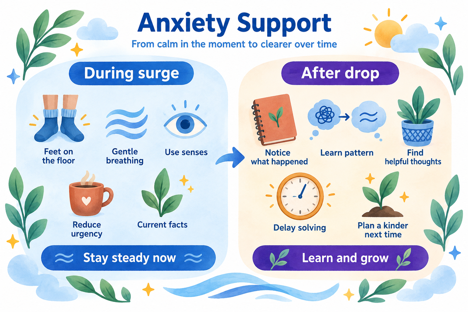 Two panels compare grounding during an anxiety surge with CBT reflection after intensity drops.