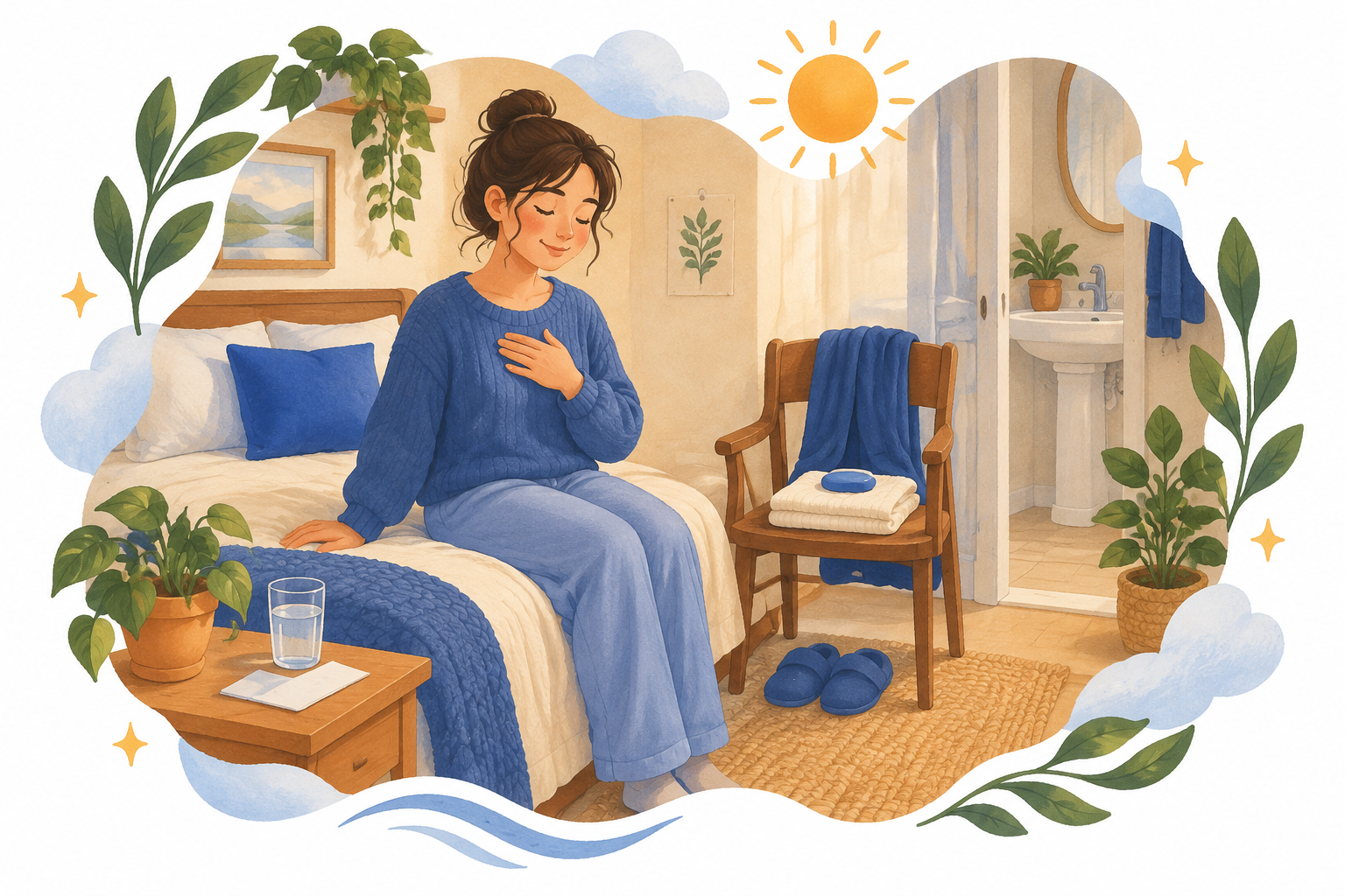 A tidy bedside setup with water, note, prepared clothes, slippers, and a nearby bathroom sink.