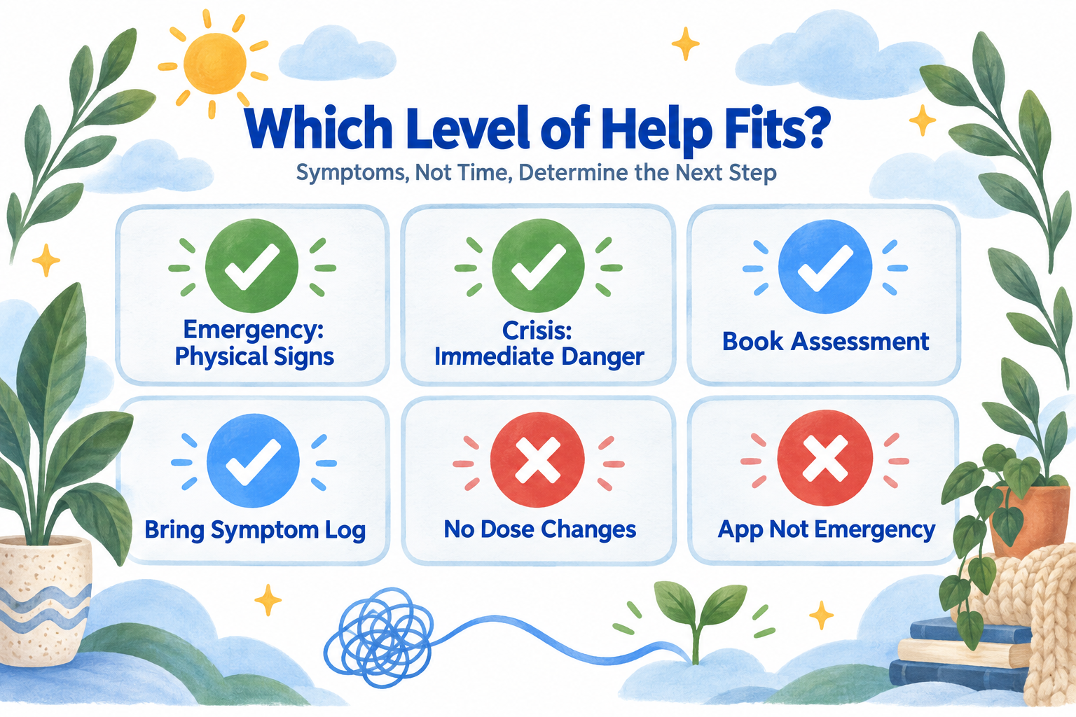 Six-item checklist for emergency, crisis, assessment, symptom tracking, and medication and app safety.