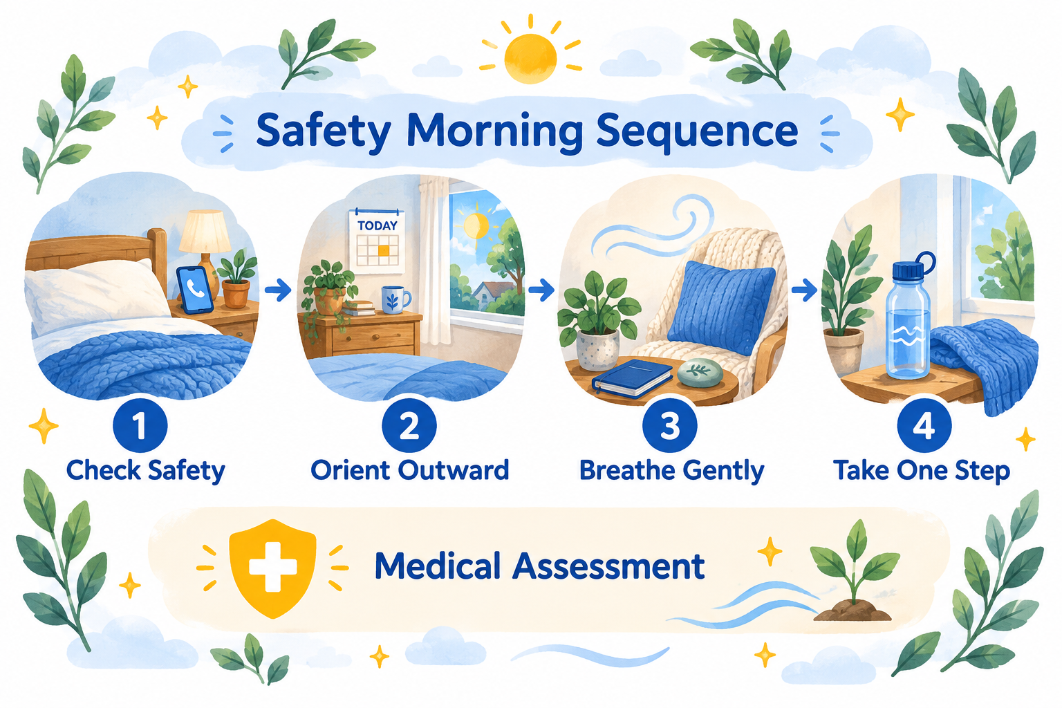 Four-step morning panic plan: check safety, orient outward, breathe gently, then take one ordinary step.