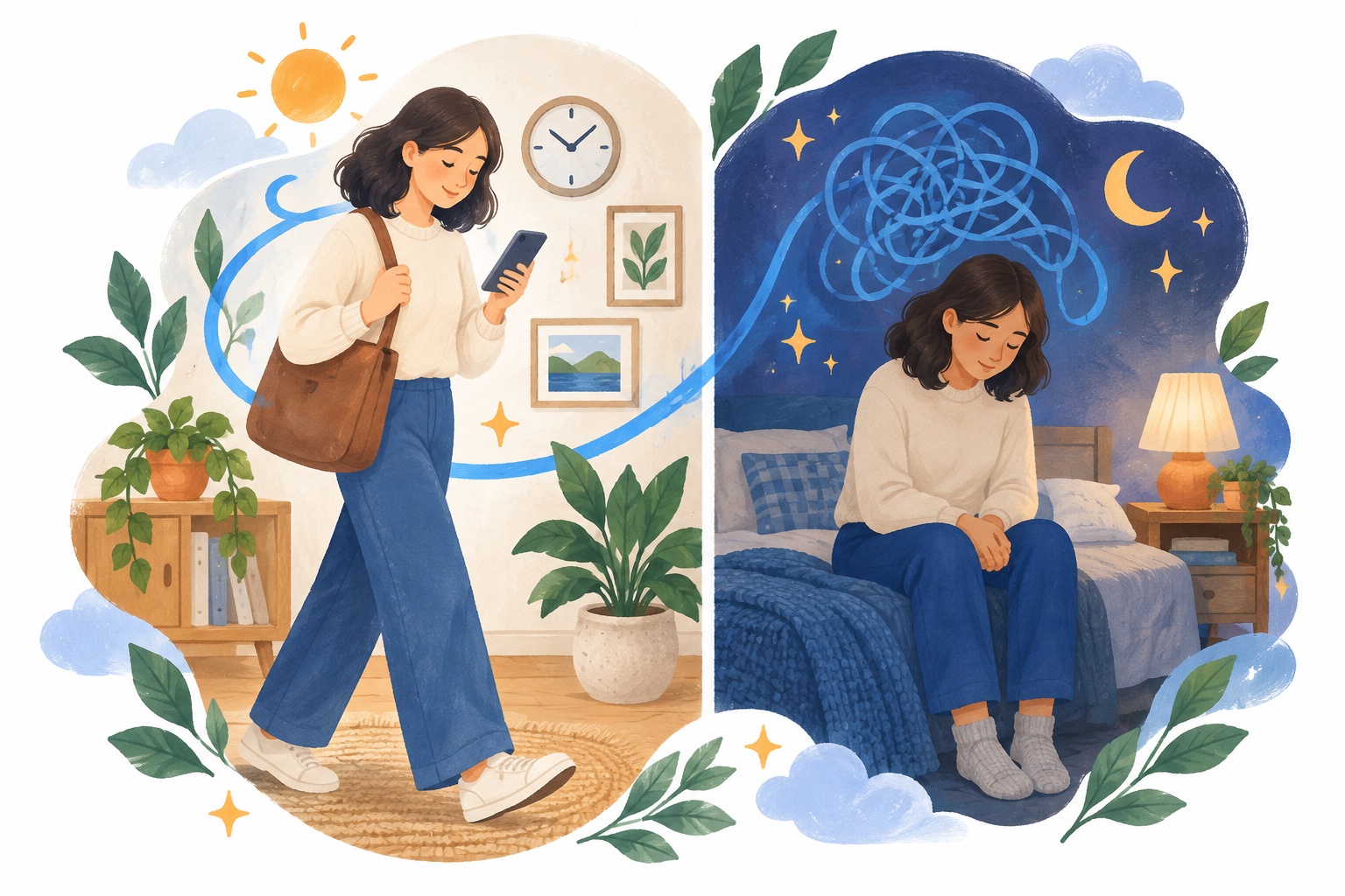 Split illustration of a person busy on their phone by day and anxious on the edge of their bed at night.