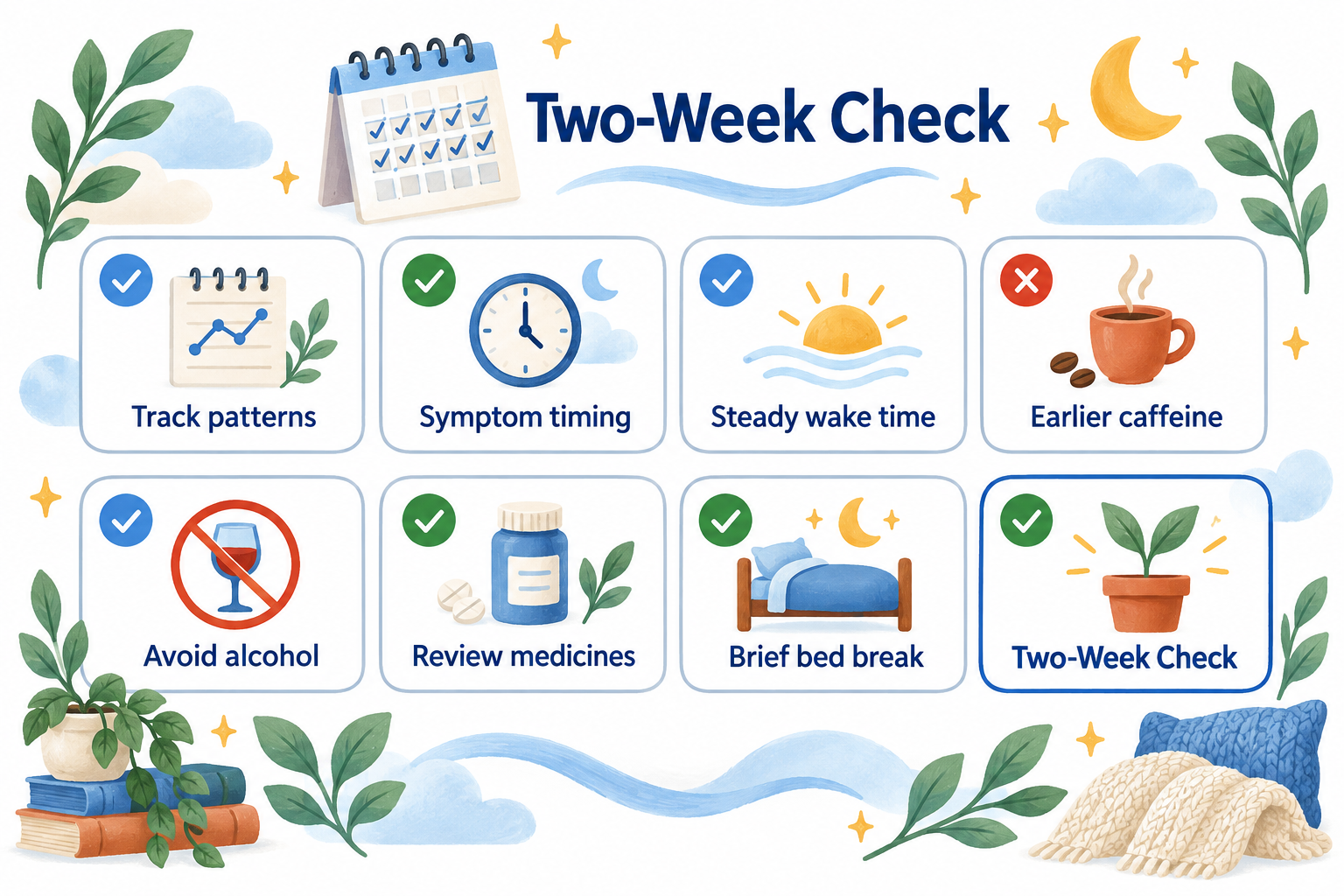 Two-week nighttime anxiety checklist with seven tracking, sleep-change, safety, and care steps.