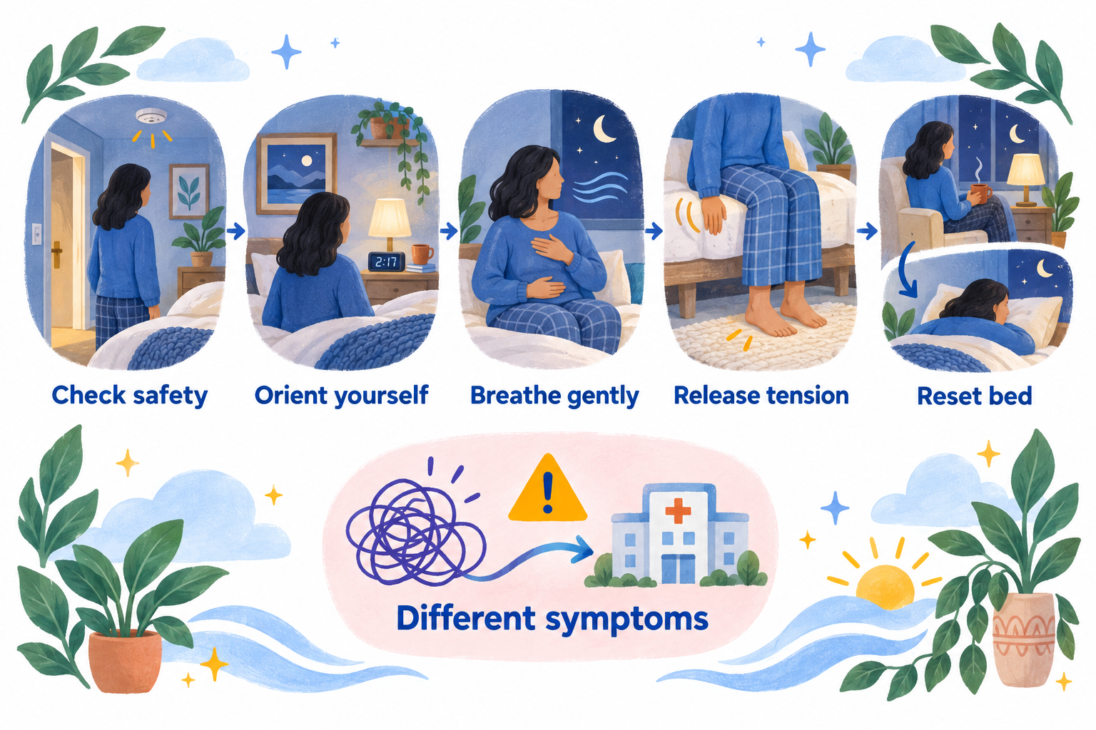 Five illustrated steps for responding to nighttime anxiety, with a separate medical-safety reminder.