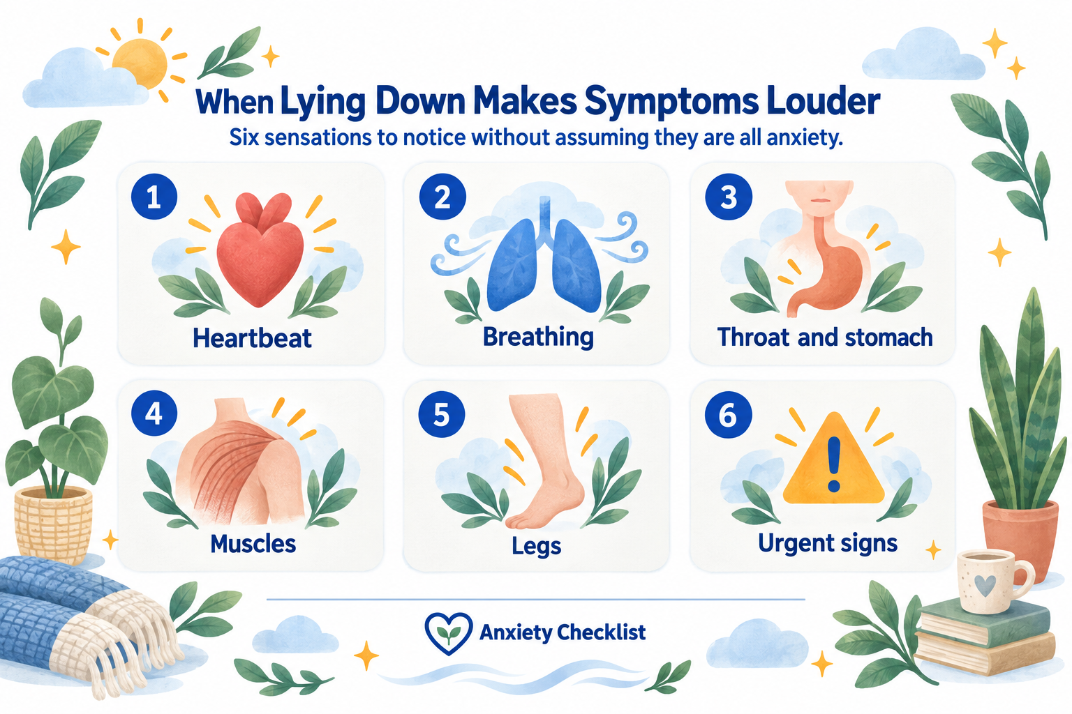 Six-part checklist of body sensations that can feel louder when lying down, including urgent signs.