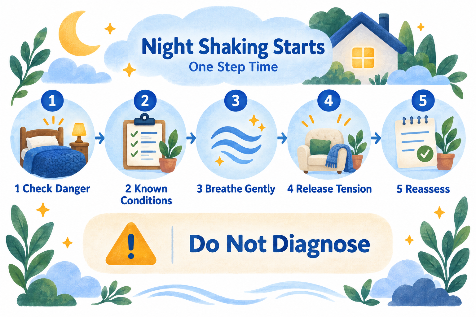 Five-step nighttime shaking response: check danger, follow care plans, breathe, relax, and reassess.