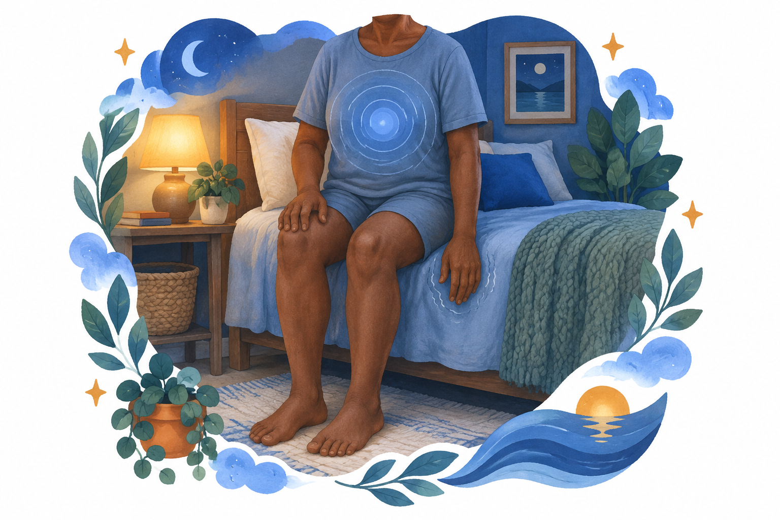 Person sitting on a bed at night with a visibly trembling hand and blue rings showing internal vibration.