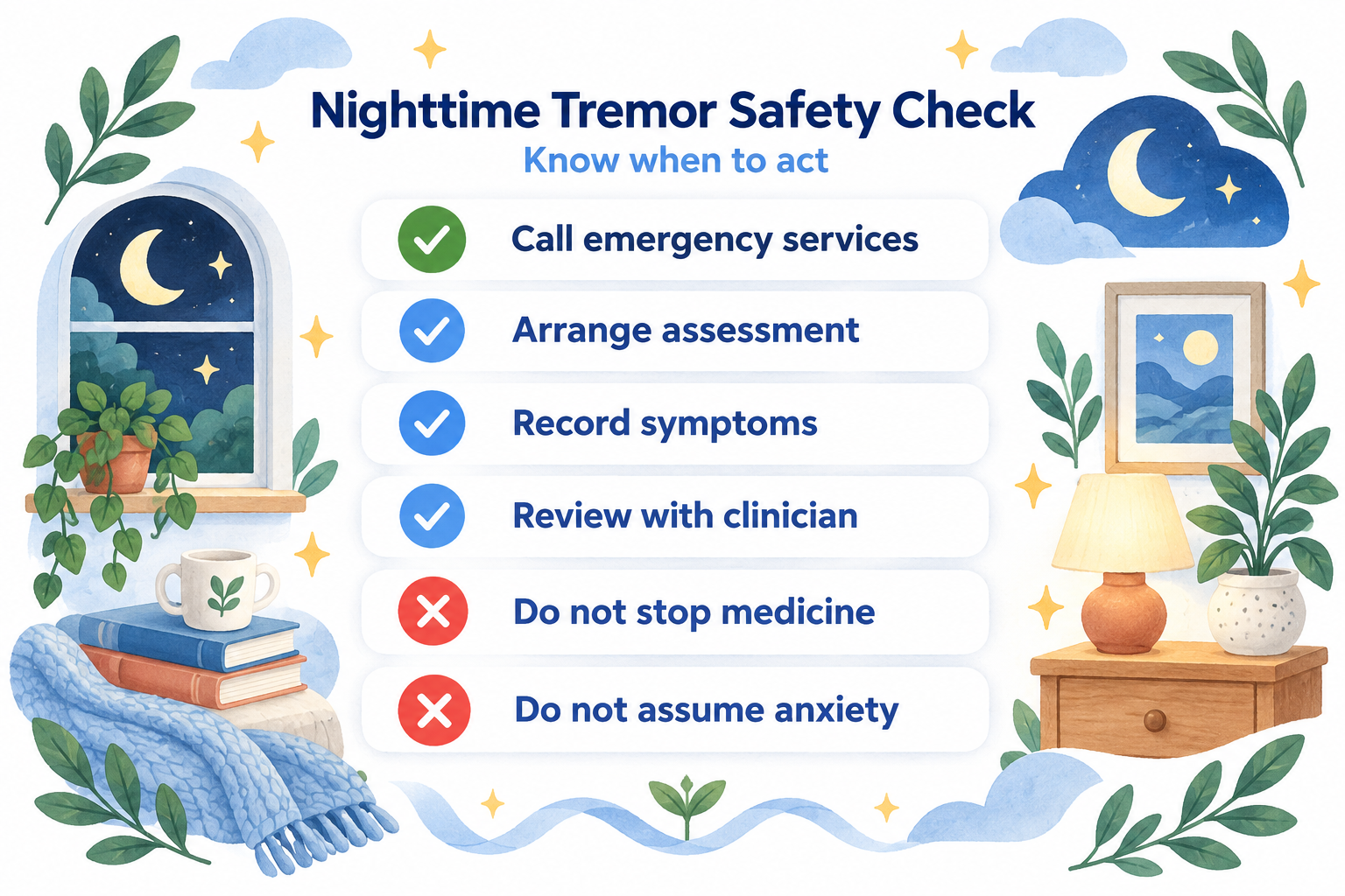 Nighttime tremor safety checklist showing emergency action, medical follow-up, tracking, and two cautions.