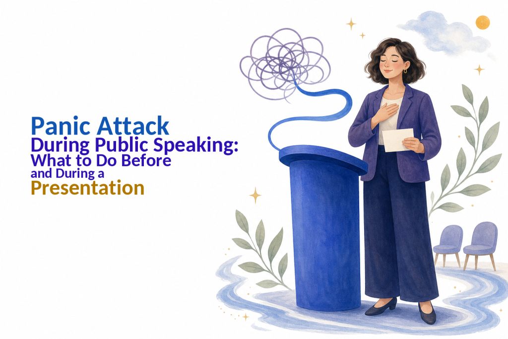 A calm presenter beside a lectern as a tangled ribbon becomes a smooth path.