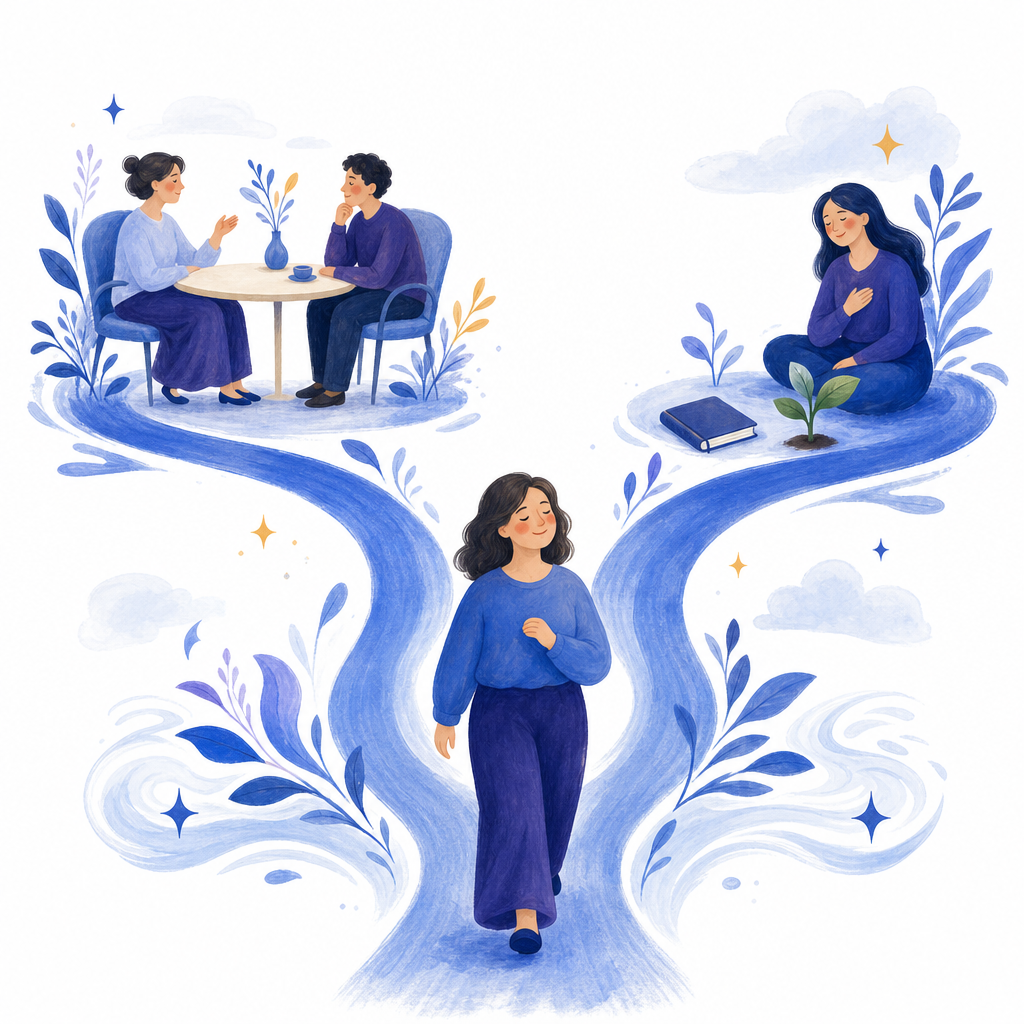 A person follows parallel paths toward medical guidance and anxiety support