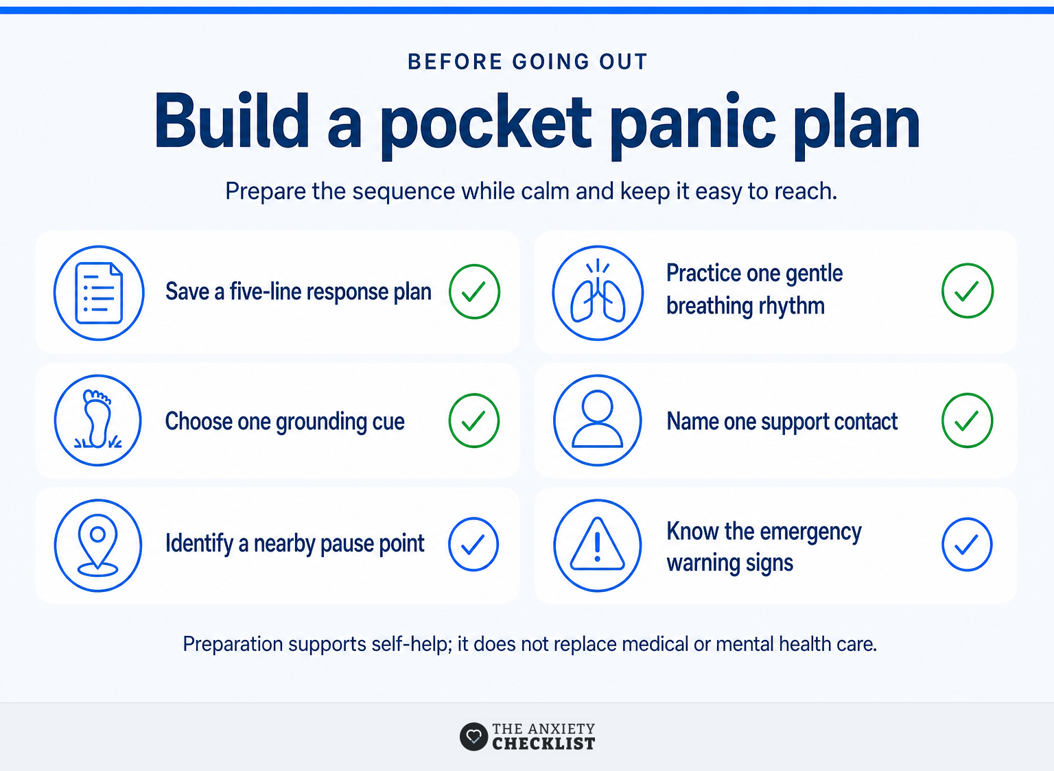 A six-item checklist for preparing for panic attacks in public.