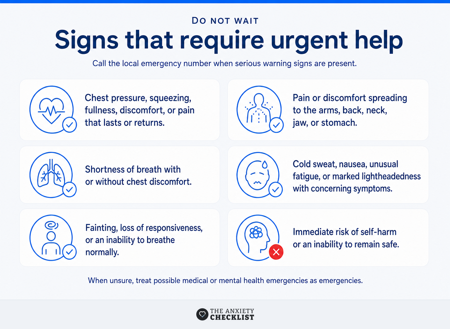 Checklist of symptoms that require urgent medical or crisis support.