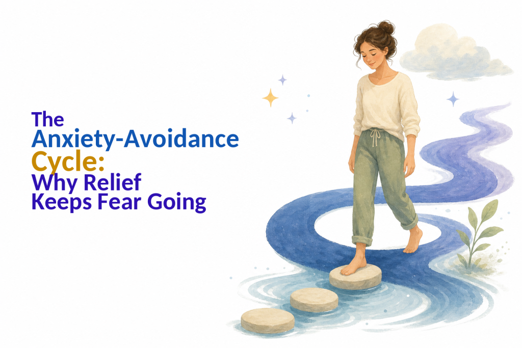Person taking one small step out of a looping path that represents anxiety and avoidance.