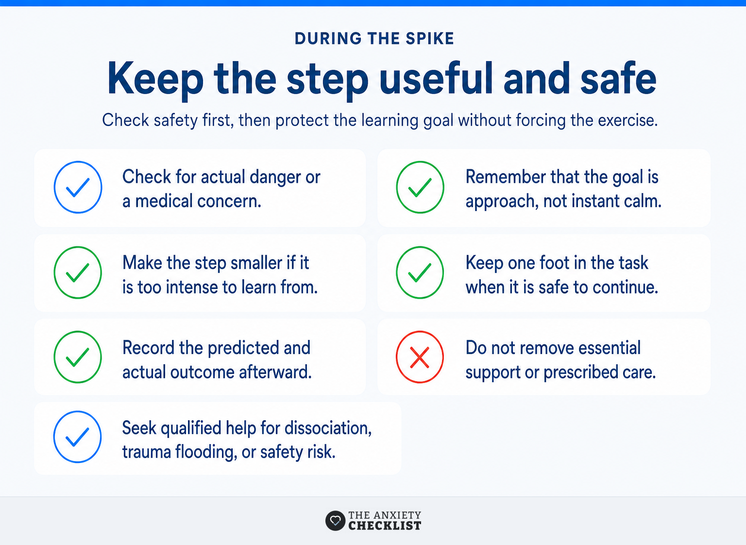 Checklist for responding safely and usefully when anxiety rises during an approach step.