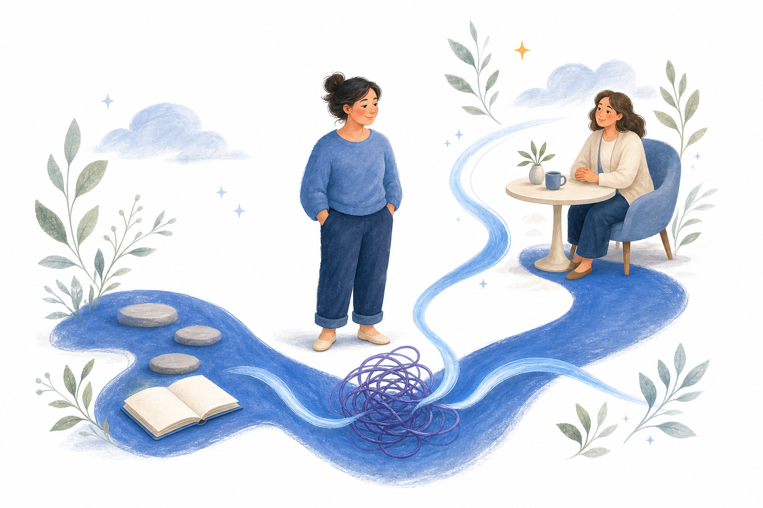 Person choosing between a manageable self-help path and support from a qualified professional.