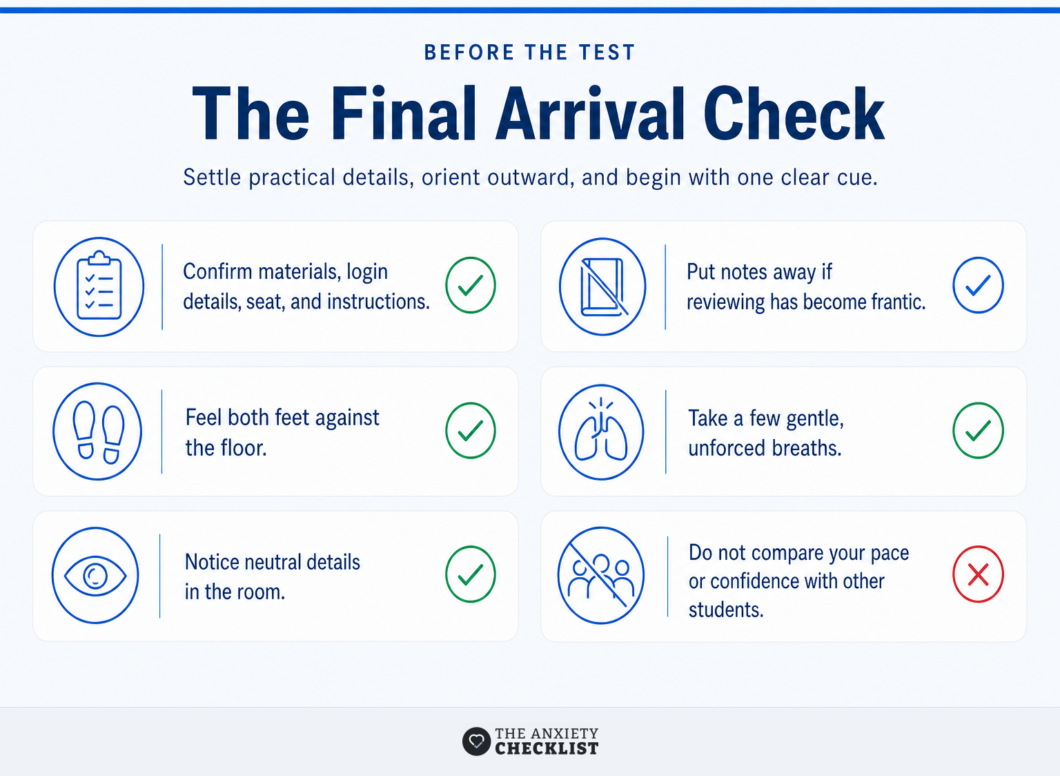 Checklist for the final minutes before an exam, from materials to grounding.
