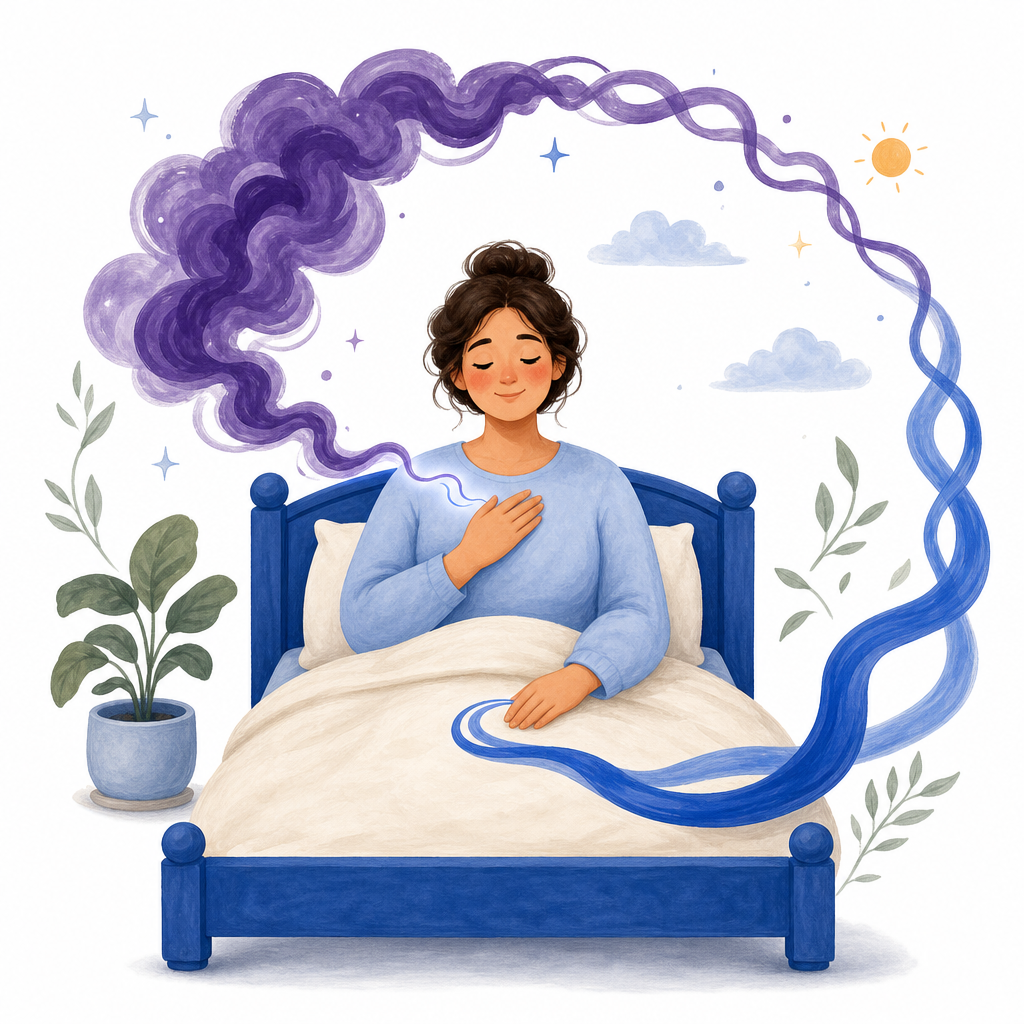 Sleeping person wakes as a tangled alarm loop gradually settles into a smooth ribbon