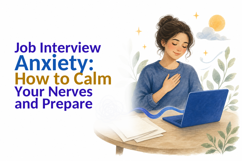 Job seeker calming interview anxiety with notes before a video call