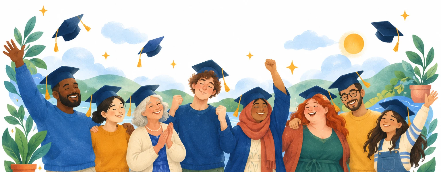 Graduates of the Anxiety University celebrating together in academic caps